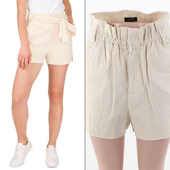 1.STATE Paperbag Waist Linen Blend Shorts in Whitecap Grey - Picture 1 of 6